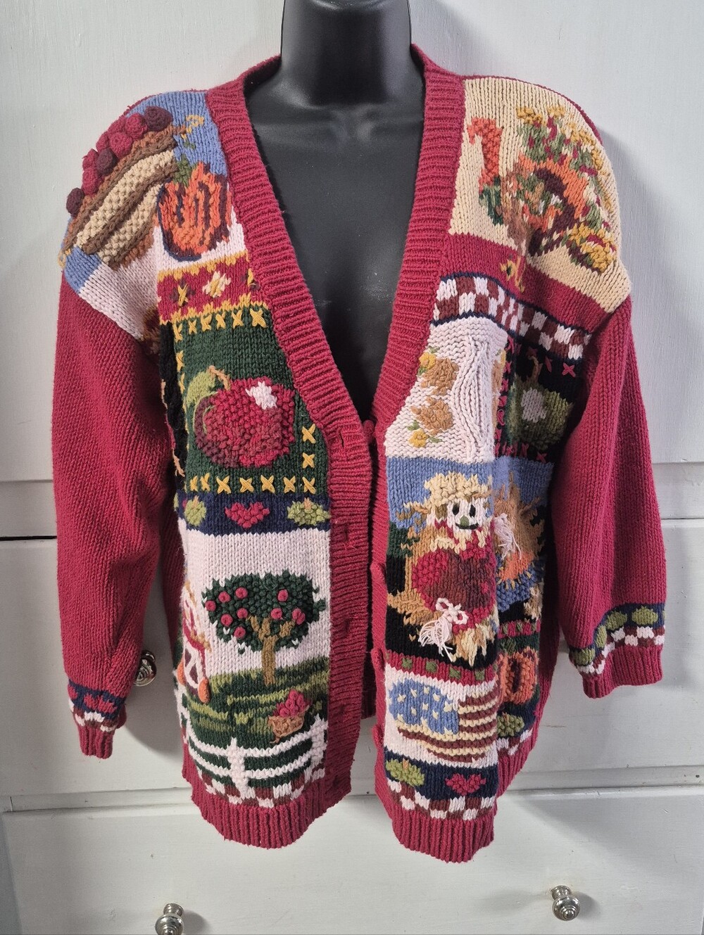 Vtg 90s Tiara International Fall Harvest Patchwork Medium Cardigan Sweater